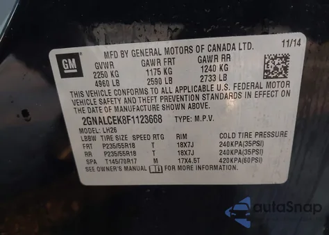 2015 Chevrolet Equinox 2Lt z USA, uszkodzony, nr VIN 2GNALCEK8F1123668